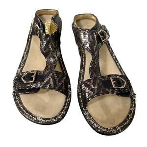 Alegria Lara Pewter Metallic Leather T-Strap Wedge, Size 37